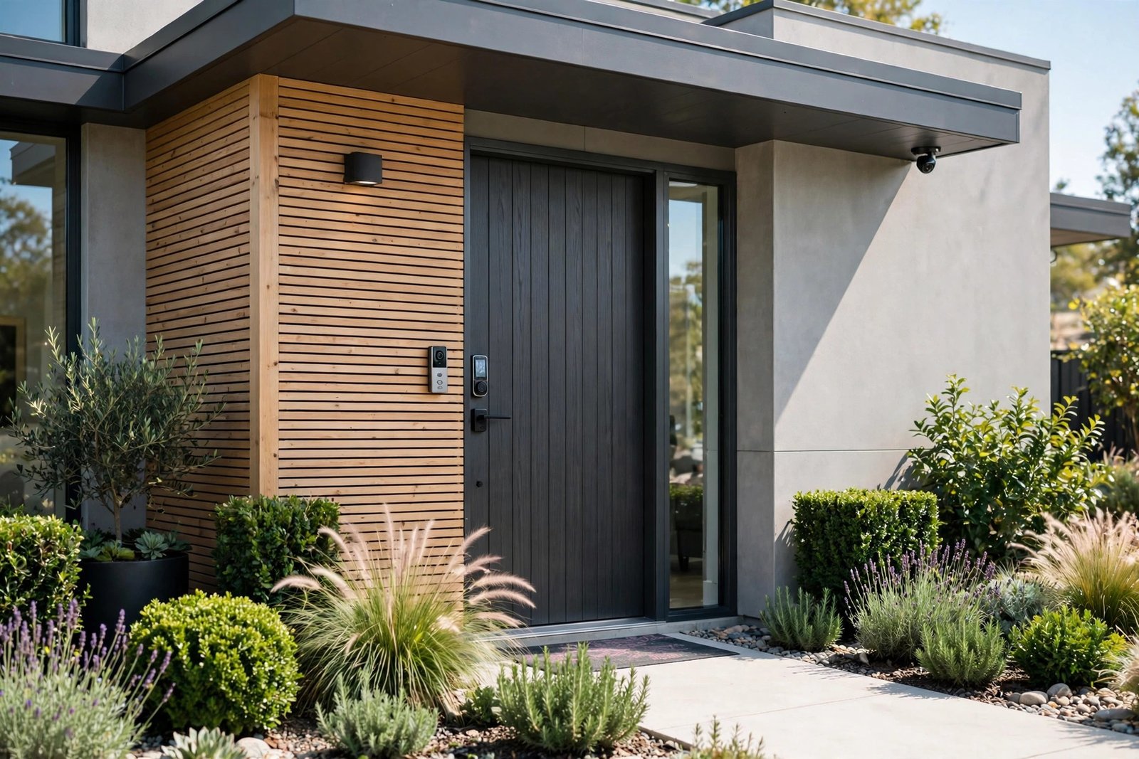 Entrée de maison avec portier vidéo et caméra connectés